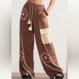 Oli and Hali Exclusive tan / burgundy flare flower lounging pants